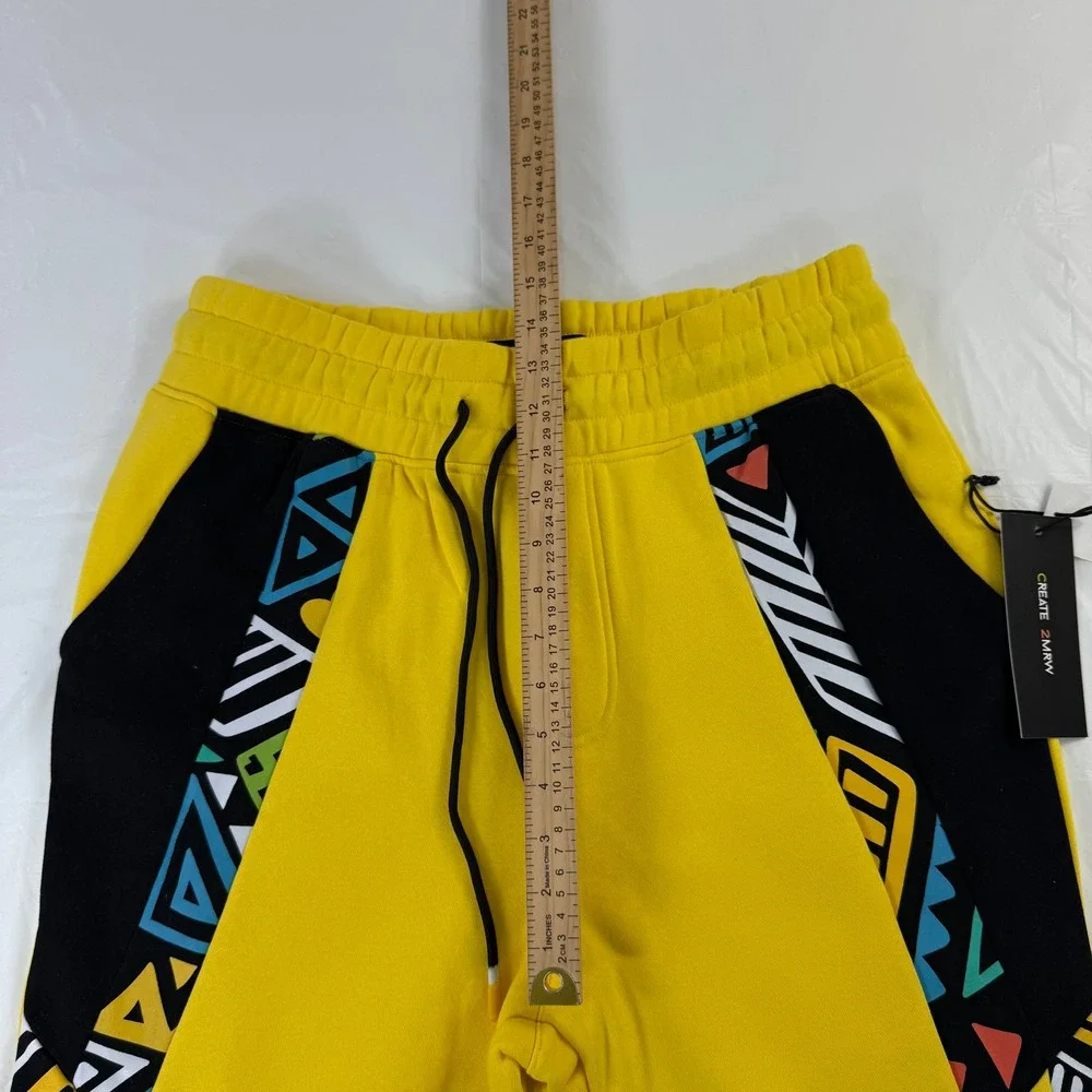 Create 2MRW Men Yellow Tribal Geometric Print Jogger Sweatpants Ankle Zip NWT